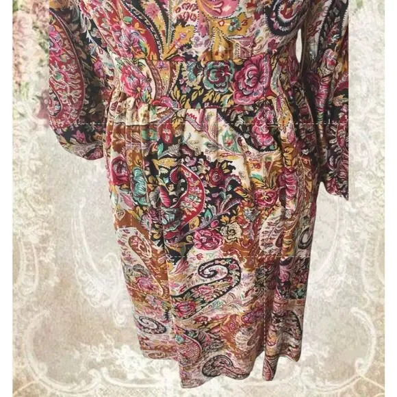 Vintage 1980s Paisley Midi Dress Boho Floral Long Sleeve Back Sash Tie - Picture 8 of 10